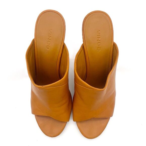 Vince Heath Leather Peep Toe High Block Heeled Mule Cognac Brown Women’s Size 8 - Picture 3 of 16